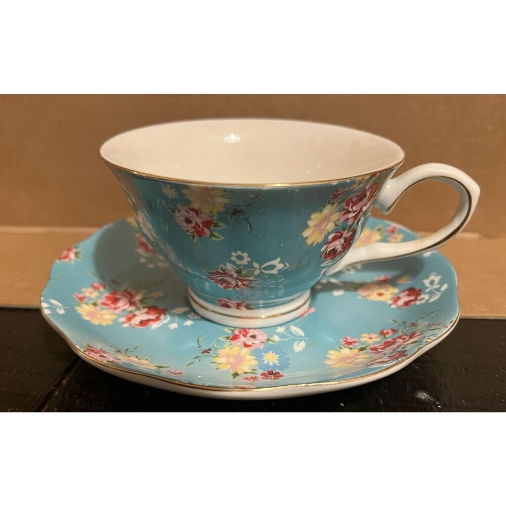 Gracie China Turquoise Teal Rose Chintz Teacup & Saucer Gold Trim Coffee Tea